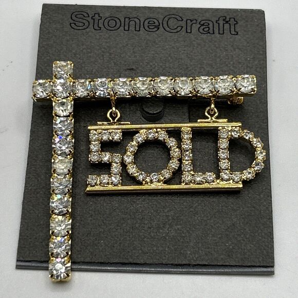 Realtor "SOLD" Dangling Shingle Rhinestone Professional Pin - 1 1/2 Inches - Picture 2 of 6